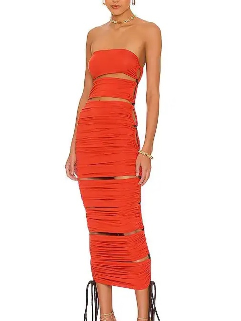 Bronx and Banco Strapless Orange Ruched Rafaelly Cutout Midi Dress